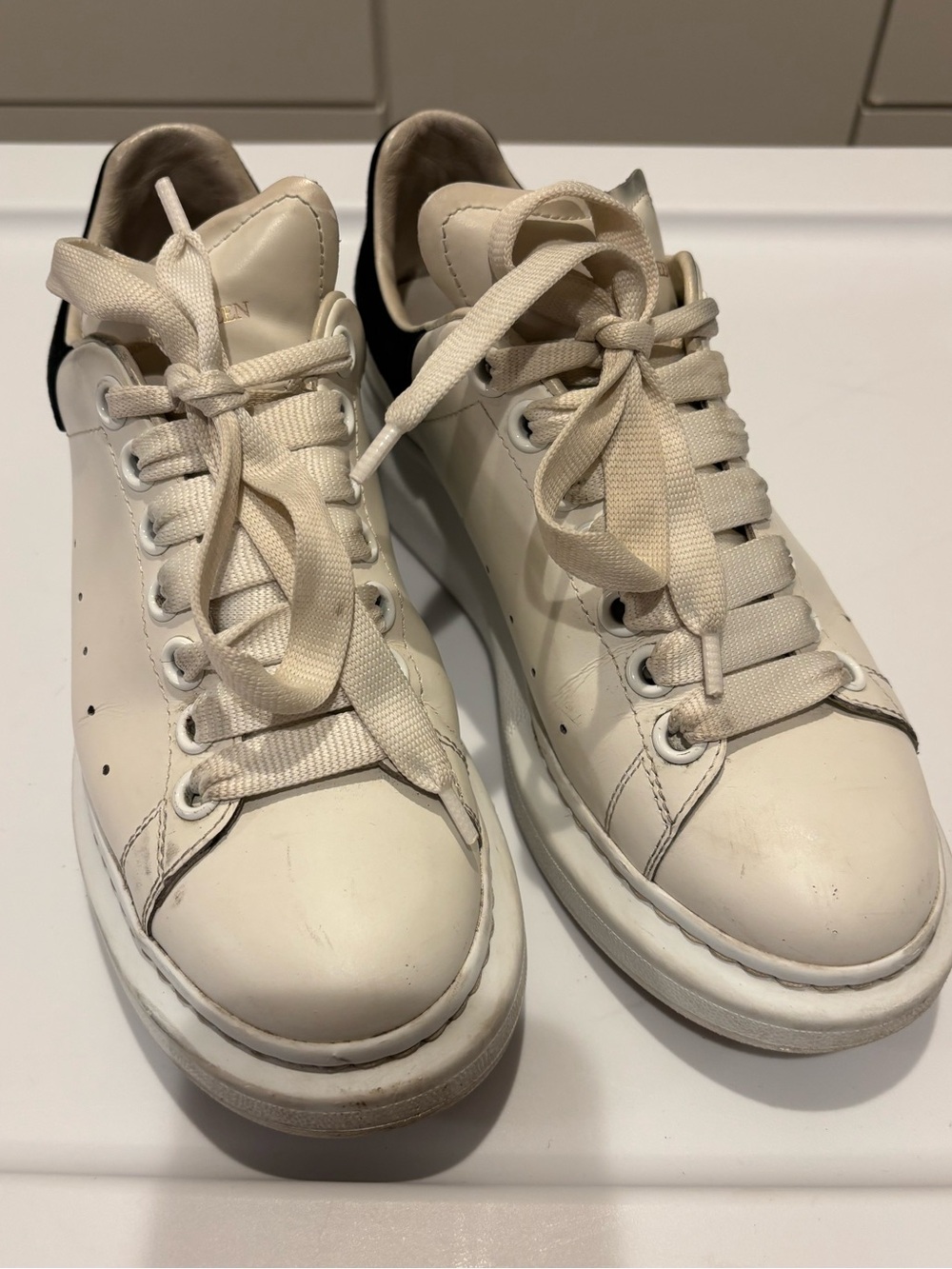 Alexander McQueen Cream Leather Platform Sneakers with Black Heel Tab